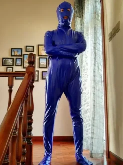 Déguisements Halloween Costume de Zentai Bleu de Combinaison de PVC Yeux Ouverts et Bouche Ouverte