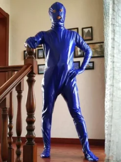 Déguisements Halloween Costume de Zentai Bleu de Combinaison de PVC Yeux Ouverts et Bouche Ouverte