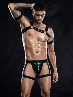 Déguisements Sexy Costumes Homme Armée Culottes avec Bretelles en Cuir Vernis à Lacets Unicolore Noir Sous-vêtements de Club