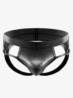 Déguisements Sexy Costumes Homme Culottes Creusants en Cuir Synthétique Unicolore Moulants Elastique Sous-vêtements Taille Bas Noir