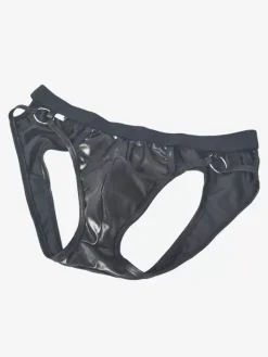 Déguisements Sexy Costumes Homme Culottes Creusants en Cuir Synthétique Unicolore Moulants Elastique Sous-vêtements Taille Bas Noir