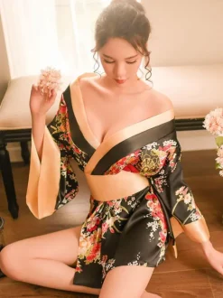 Déguisements Sexy Costumes kimono Femme Ensemble 3 Pièces Imprimé Fleuri à Col Décolleté en V avec Manches Longues