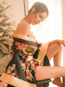 Déguisements Sexy Costumes kimono Femme Ensemble 3 Pièces Imprimé Fleuri à Col Décolleté en V avec Manches Longues