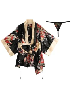 Déguisements Sexy Costumes kimono Femme Ensemble 3 Pièces Imprimé Fleuri à Col Décolleté en V avec Manches Longues