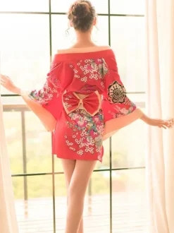Déguisements Sexy Costumes kimono Femme Ensemble 3 Pièces Imprimé Fleuri à Col Décolleté en V avec Manches Longues