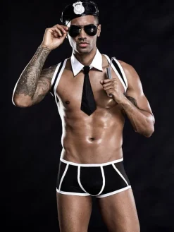 Déguisements Sexy Costumes Policier Homme Ensembles 3 Pièces Top avec Culotte en Mousselines Cousu Bicolores Moulants Transparents Body Combinaisons Sexy