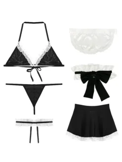 Déguisements Sexy Costumes Servante Femme Ensembles 6 Pièces en Dentelles Top Taille Haute Volants avec Jupe