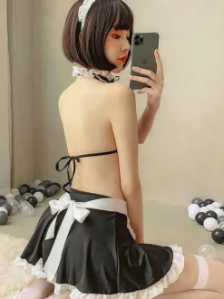 Déguisements Sexy Costumes Servante Femme Ensembles 6 Pièces en Dentelles Top Taille Haute Volants avec Jupe