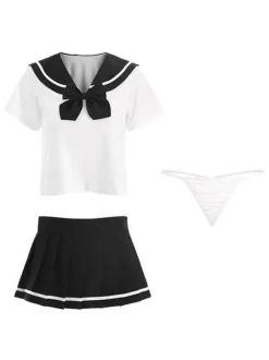 Déguisements Sexy Costumes Étudiantes Femme Body Ensembles 3 Pièces Tops Manches Courtes Jupe Courte Imprimés Rayures N艙ud