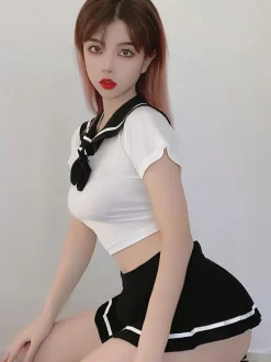 Déguisements Sexy Costumes Étudiantes Femme Body Ensembles 3 Pièces Tops Manches Courtes Jupe Courte Imprimés Rayures N艙ud
