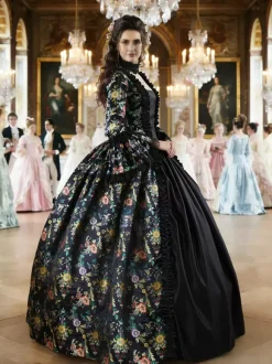 Déguisement Vintage Robe Noire Gothique Soirée Costume Marie Antoinette Col Carré 18ème Siècle