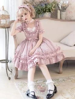 Douce Lolita OP Robe à Volants En Coton Plissé Lolita Une Pièce Col Carré Déguisements Halloween