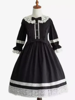 Douce Lolita OP Robe Noir Manche Mi-Longue à Volants Lolita Robes une pièce Déguisements Halloween
