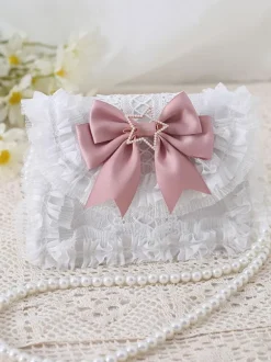 Douce Lolita Sac Blanc N艙ud Bleu Pu Cuir Embellissement Accessoires Lolita