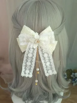 Doux Cheveux Lolita Fermoir Dentelle Noeud Perle Brodé Ecru Blanc Lolita Accessoire Cheveux Déguisements Halloween