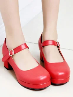 Doux Lolita Chaussures à bout rond en cuir Synthétique avec boucle cheville Lolita Pompes Déguisements Halloween