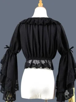 Doux Lolita Blouse Dentelle Ruffle Bow Hime Sleeve Mousseline De Soie Noir Lolita Crop Top Déguisements Halloween