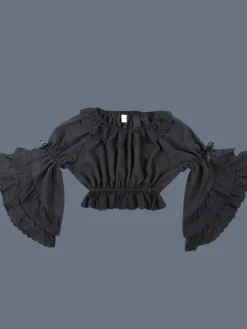 Doux Lolita Blouse Dentelle Ruffle Bow Hime Sleeve Mousseline De Soie Noir Lolita Crop Top Déguisements Halloween