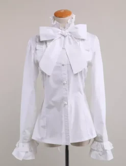 Doux Lolita chemisier à manches longues en coton blanc col montant volants Déguisements Halloween