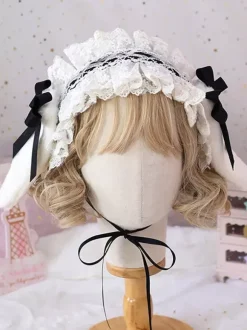 Doux Lolita Coiffe Oreilles de lapin en dentelle Bows Bandeau dentelle Déguisements Halloween