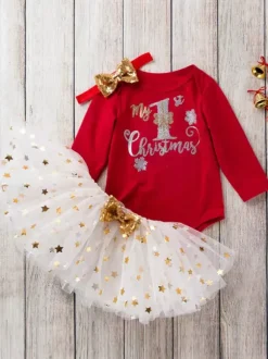 Enfant De Noël Ensemble Sequin Dorure Tutu Jupe Avec Coton Top Costume Bébé Déguisement Noël Cadeau Enfant