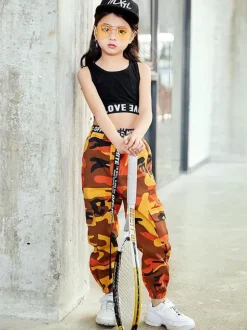 Enfants Jazz Costume De Danse Filles Imprimé Long Pantalon Et Crop Top Gilet 2 Pièces Ensemble Déguisements Halloween
