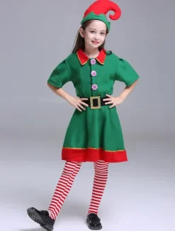 Enfants Noël Elfe Costumes Fille Robes Manches Demi Set 3 Pièce Déguisements Noël Cadeau Enfant