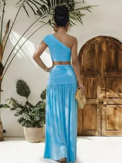 Ensemble 2 pièces : haut court asymétrique à boucle métallique et jupe longue froncée