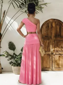 Ensemble 2 pièces : haut court asymétrique à boucle métallique et jupe longue froncée