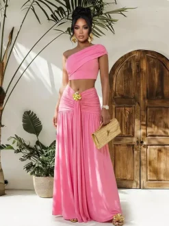 Ensemble 2 pièces : haut court asymétrique à boucle métallique et jupe longue froncée