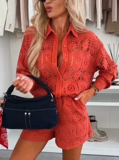Ensemble 2 pièces chemise à manches longues et short en dentelle 2026