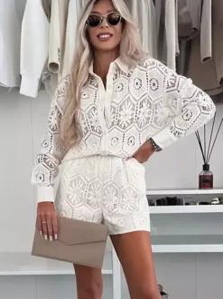 Ensemble 2 pièces chemise à manches longues et short en dentelle 2026