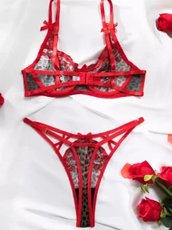 Ensemble 2 pièces de lingerie transparente rouge à imprimé léopard avec soutien-gorge et culotte