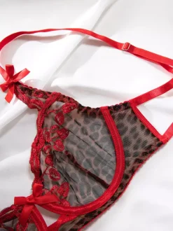 Ensemble 2 pièces de lingerie transparente rouge à imprimé léopard avec soutien-gorge et culotte
