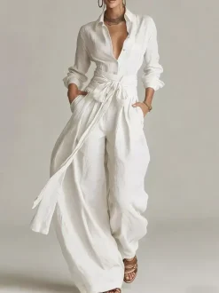 Ensemble 2 pièces en lin et coton pour femme - Chemise élégante à manches longues et ceinture et pantalon large - Style été 2026