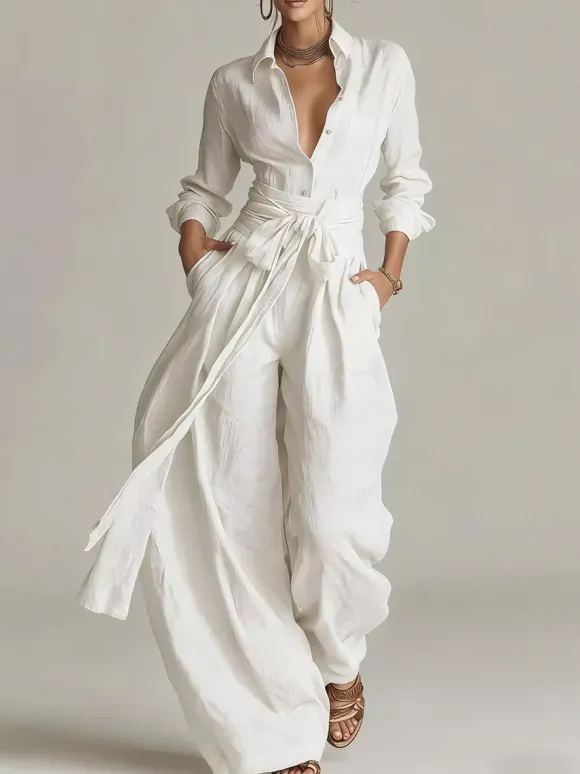 Ensemble 2 pièces en lin et coton pour femme - Chemise élégante à manches longues et ceinture et pantalon large - Style été 2026