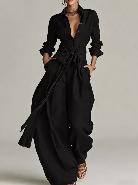 Ensemble 2 pièces en lin et coton pour femme - Chemise élégante à manches longues et ceinture et pantalon large - Style été 2026