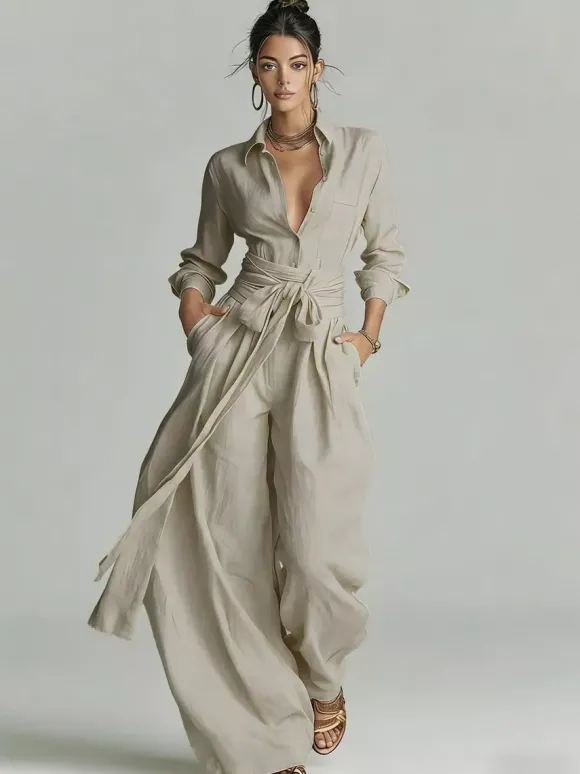 Ensemble 2 pièces en lin et coton pour femme - Chemise élégante à manches longues et ceinture et pantalon large - Style été 2026