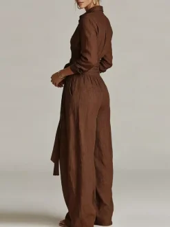 Ensemble 2 pièces en lin et coton pour femme - Chemise élégante à manches longues et ceinture et pantalon large - Style été 2026