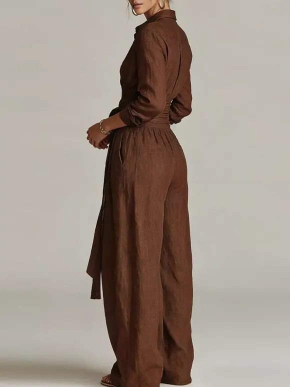 Ensemble 2 pièces en lin et coton pour femme - Chemise élégante à manches longues et ceinture et pantalon large - Style été 2026