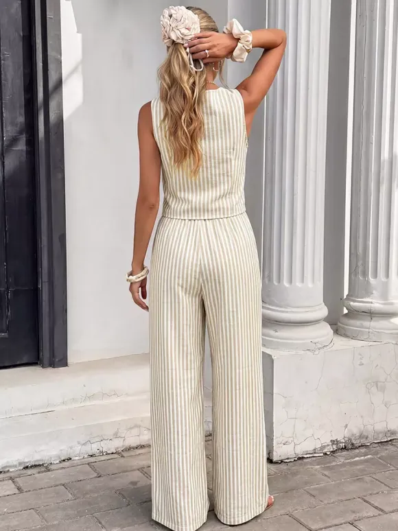 Ensemble 2 pièces en lin pour femme : gilet rayé sans manches à col en V et n艙ud sur le devant pantalon large