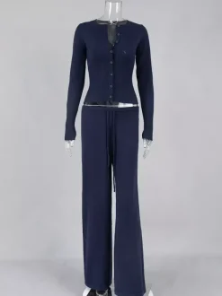 Ensemble 2 pièces en maille côtelée pour femme - Gilet boutonné coupe ajustée et pantalon de détente à jambes larges - Collection printemps 2026