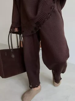 Ensemble 2 pièces oversize en maille pour femme - Pull et pantalon décontractés effet usé - Tenue d'intérieur confortable pour le printemps 2026