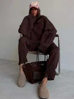 Ensemble 2 pièces oversize en maille pour femme - Pull et pantalon décontractés effet usé - Tenue d'intérieur confortable pour le printemps 2026