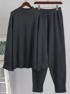 Ensemble 2 pièces oversize en maille pour femme - Pull et pantalon décontractés effet usé - Tenue d'intérieur confortable pour le printemps 2026