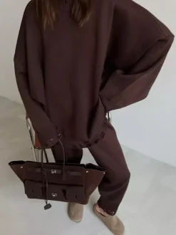 Ensemble 2 pièces oversize en maille pour femme - Pull et pantalon décontractés effet usé - Tenue d'intérieur confortable pour le printemps 2026