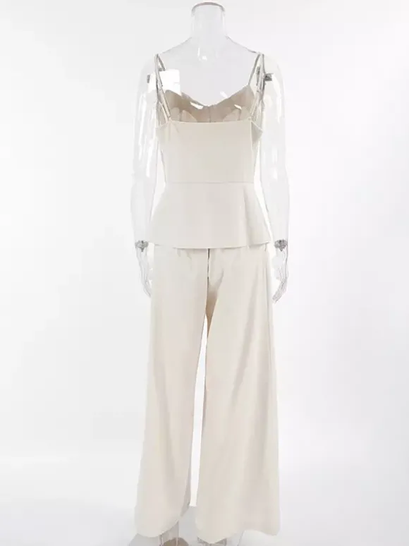 Ensemble 2 pièces pour femme : débardeur à bretelles spaghetti col en V et basque pantalon plissé taille haute à jambes larges