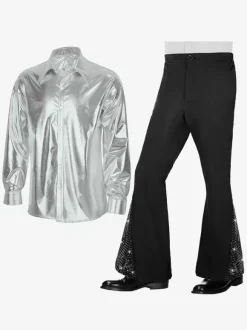 Ensemble 2 pièces pour homme chemise disco vintage brillante des années 70 et pantalon à pattes d'éléphant à paillettes style hippie rétro costumes de mec