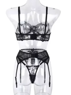 Ensemble 3 pièces soutien-gorge culotte brodés noirs sexy transparent