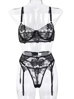 Ensemble 3 pièces soutien-gorge culotte brodés noirs sexy transparent
